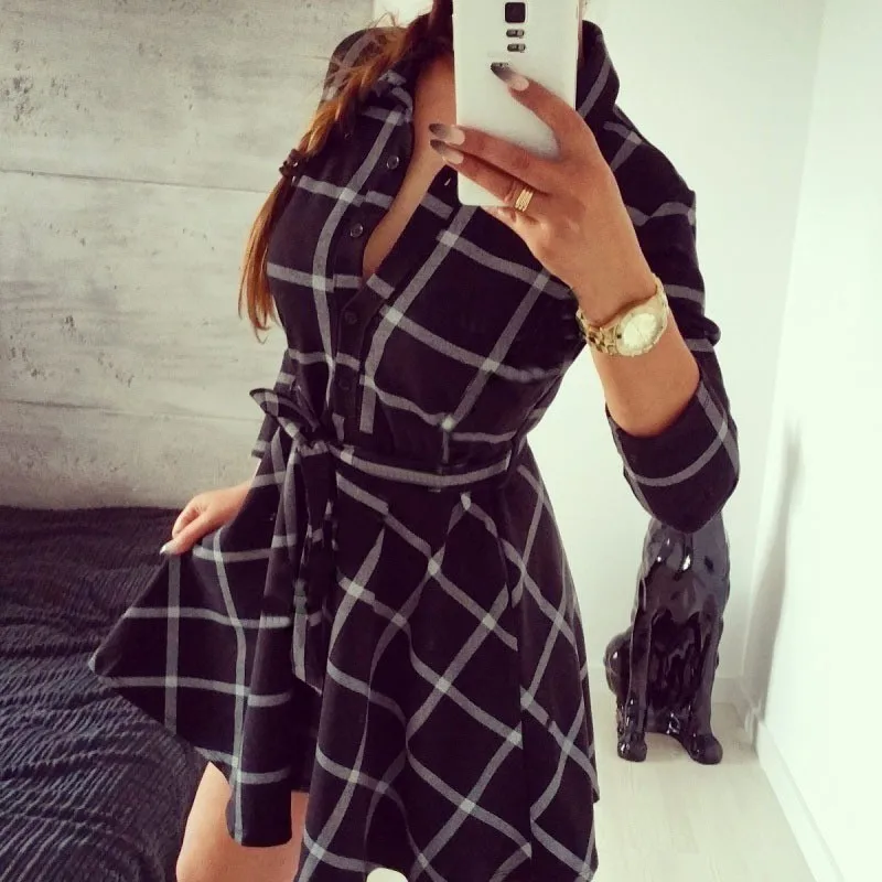 CLize-2016-Spring-Women-Sexy-Three-Quarter-Sleeve-Black-Plaid-Dress-Lapel-Shirt-Mini-Belted-Casual