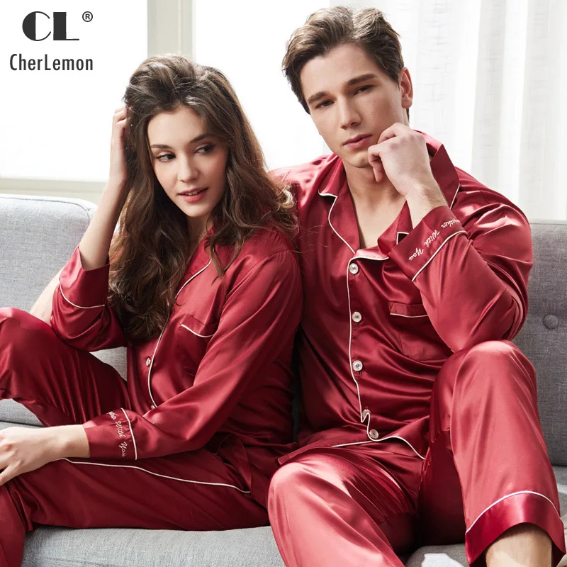 CherLemon Spring Women and Mens Woven Satin Pajama Set Couples Holiday Loungewear Classic Red