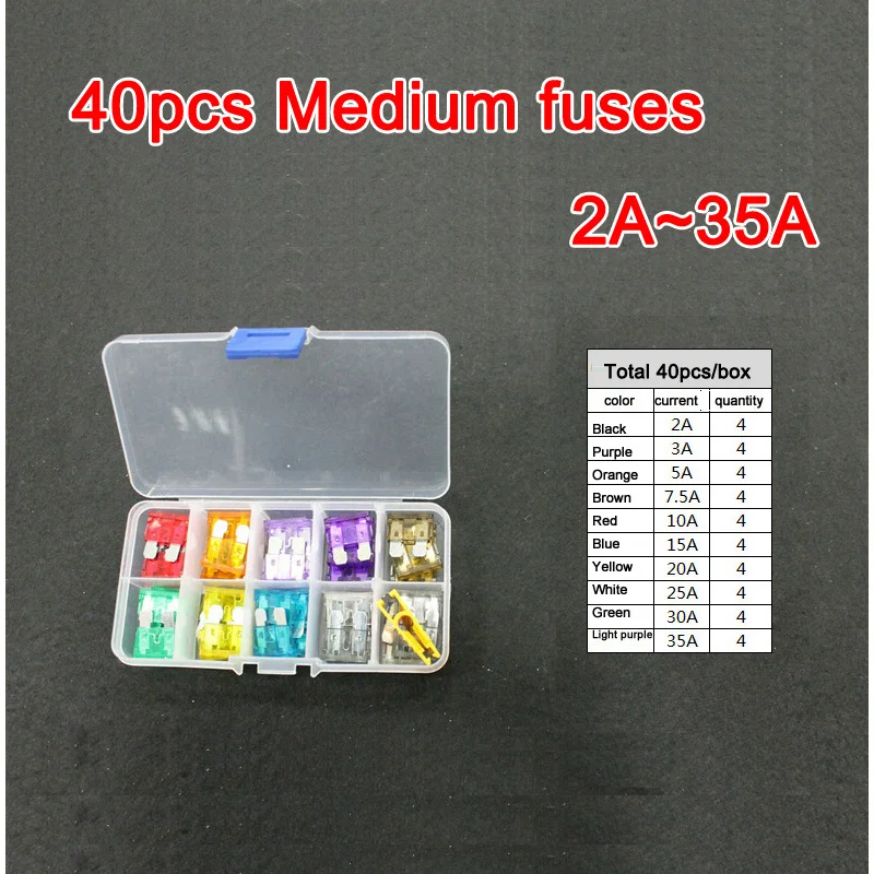 

40pc Assorted Medium Middle Blade Fuse 2A 3A 5A 7.5A 10A 15A 20A 25A 30A 35A Auto Car Truck Motorcycle FUSES Box Kit ATC ATO ATM