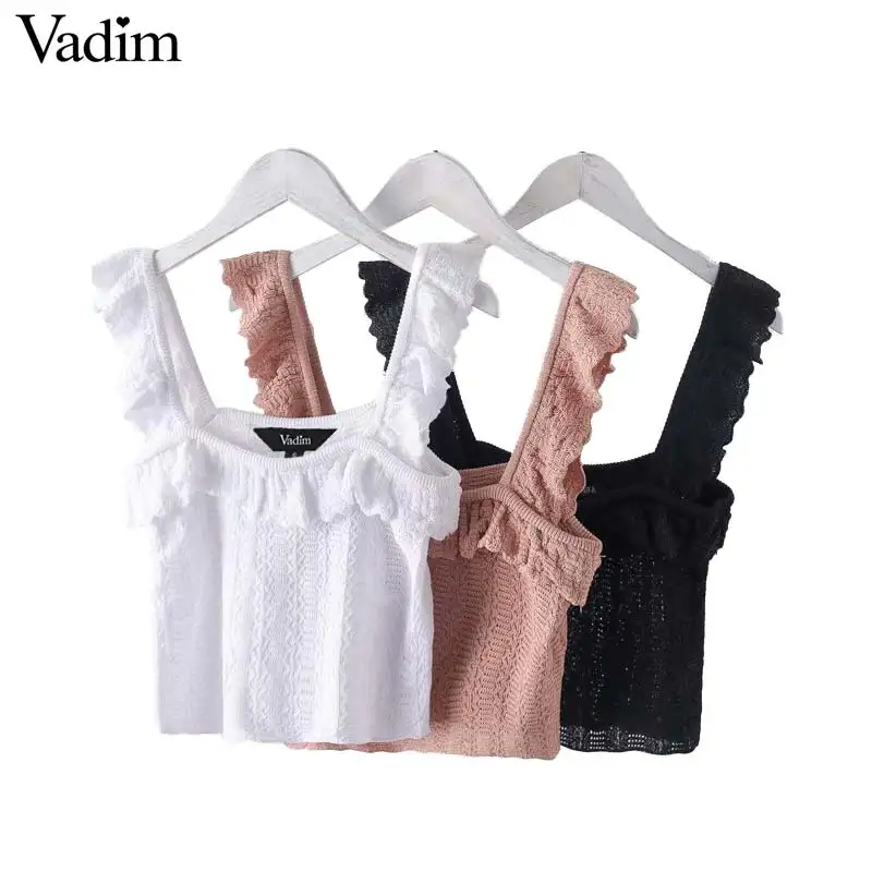 

Vadim women chic ruffles knitted blouse pink white black hollow out sleeveless short style shirts chic tank tops blusas WA191
