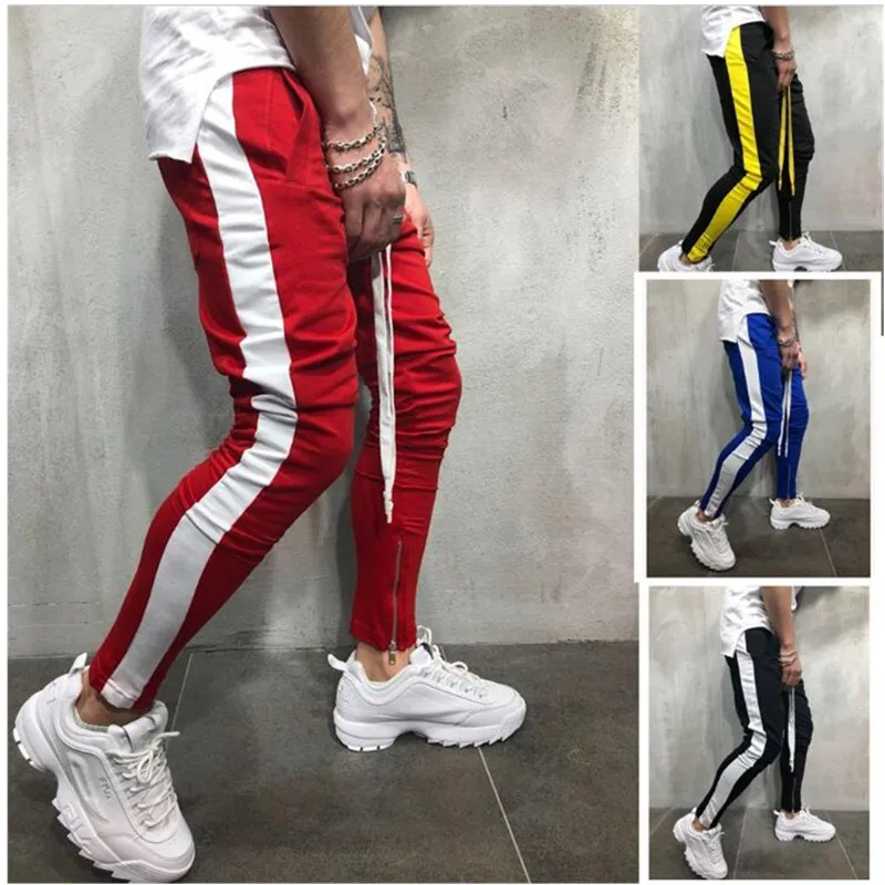 Мужские спортивные штаны для бега, для фитнеса, для бега, для тренировок, Спортивные Леггинсы, спортивная одежда, в полоску, спортивные штаны, для бодибилдинга, колготки - Цвет: Red and white