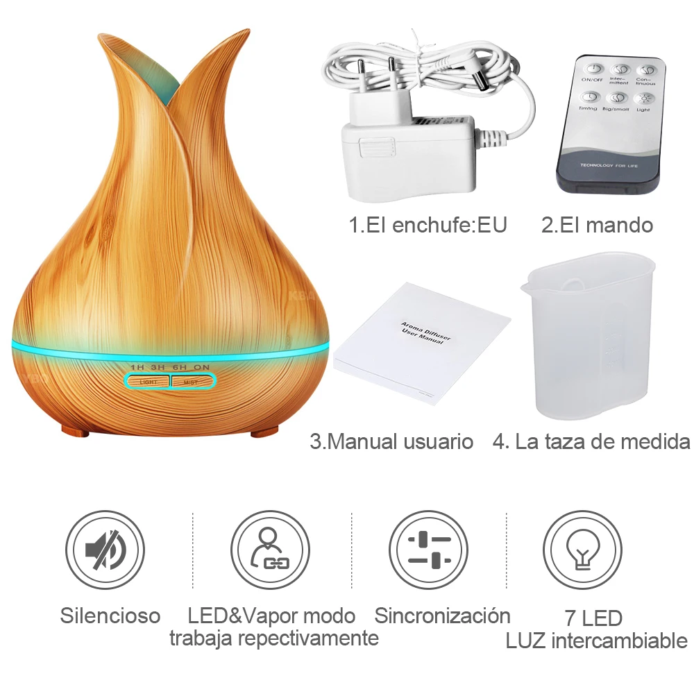 400ML KBAYBO Remote Control Ultrasonic Wood Grain Humidifier Aromatherapy Aroma Essential Oil Diffuser for Home Bebe