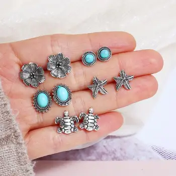 

5pcs/Set Vintage Morning Glory Starfish Turtle Geometric Stud Earrings For Women Fashion Jewelry Statement Pendientes AE964