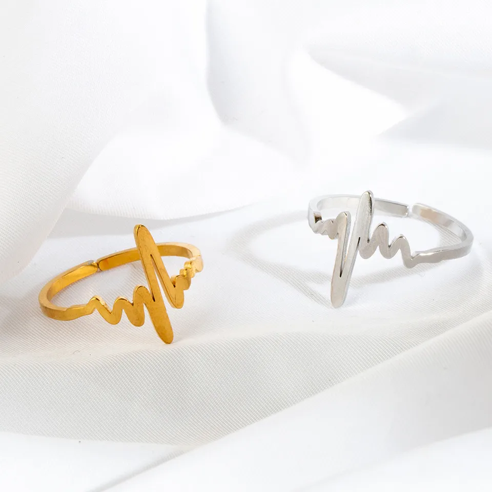 

Classie Trendy Heartbeat Women's Rings Fashion Stainless steel Rings ECG Party Jewelry Golden & Silver Wave Ring New arrived