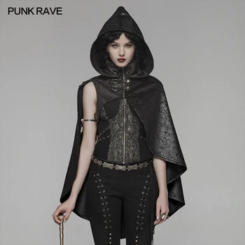 

PUNK RAVE Women's Goth Faux Leather Lacing Witch Cloak with Hood Christmas Halloween Steam Punk Short Cloak Womens Cape