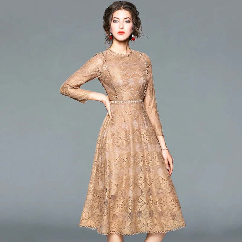 Elegant Woman Lace Patch Hollow Out Mid calf Length Casual Party Dress