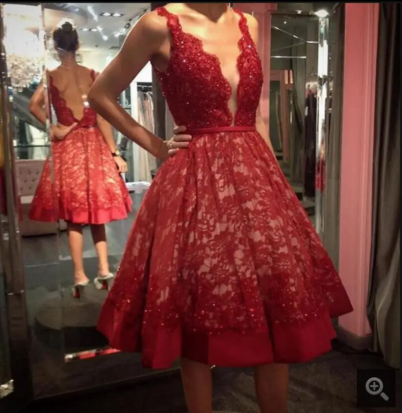 

New design Red Lace short Prom Dresses Sleeveless Deep V-Neck sexy informal petite beading sequined prom gowns hot sale