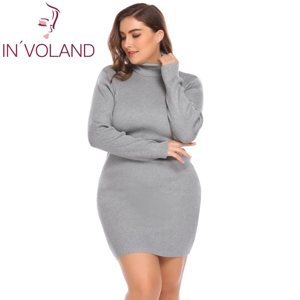 

IN'VOLAND Women's Dress Autumn Big Size XL-4XL Turtleneck Long Sleeve Solid Bodycon Pullover Sweater Large Dresses Plus Size