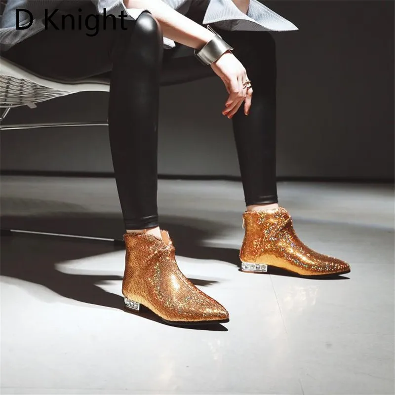 Plus Size 32-43 Women's Chelsea Boots Autumn Winter 2018 New Ankle Boots For Women Rhinestones Comfortable Sequins Ladies Shoes (7)