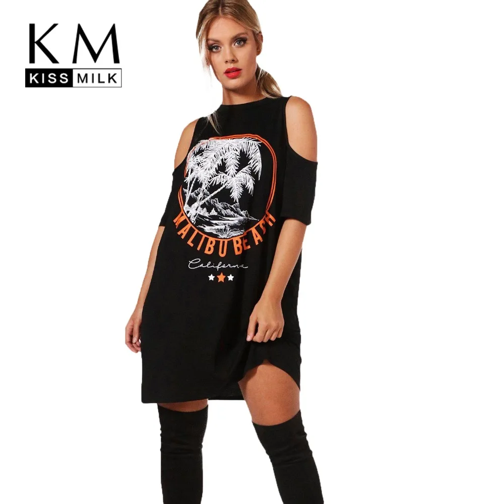 

Kissmilk Plus Size Women T-shirt Dress big size Black Printed cold shoulder dresses Sexy Lady large Size Vestidos