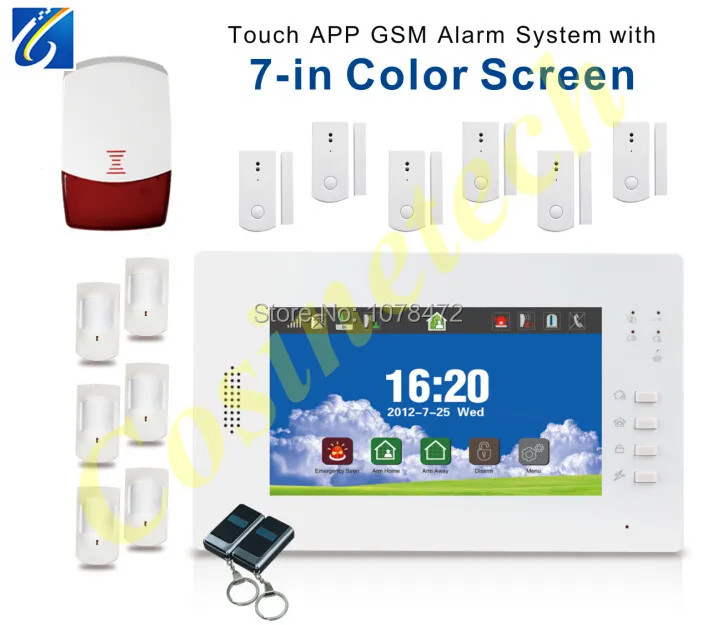 

New advanced intelligent 868MHZ 7 inch touch screen auto-dial SMS home security GSM alarm system with Smart IOS Android App