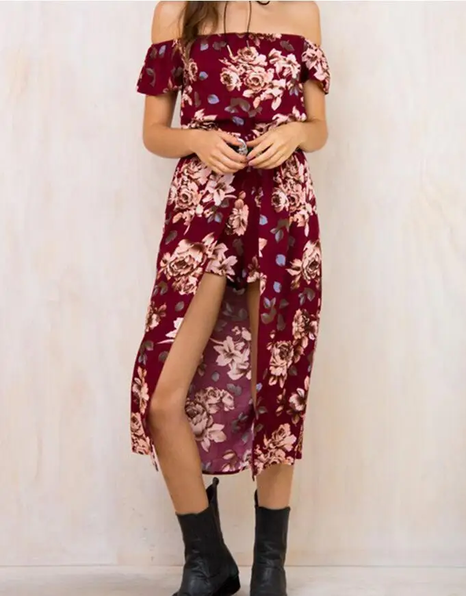 

Women Dress 2019 summer sexy side split off shoulder print High waist pleated long dress women Vintage beach dress vestidos
