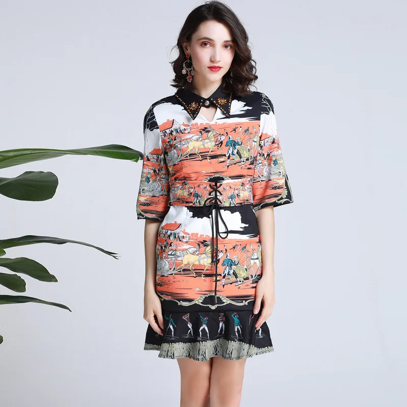 2019 женские платья для подиума отложной воротник стразы короткие рукава оборки с
