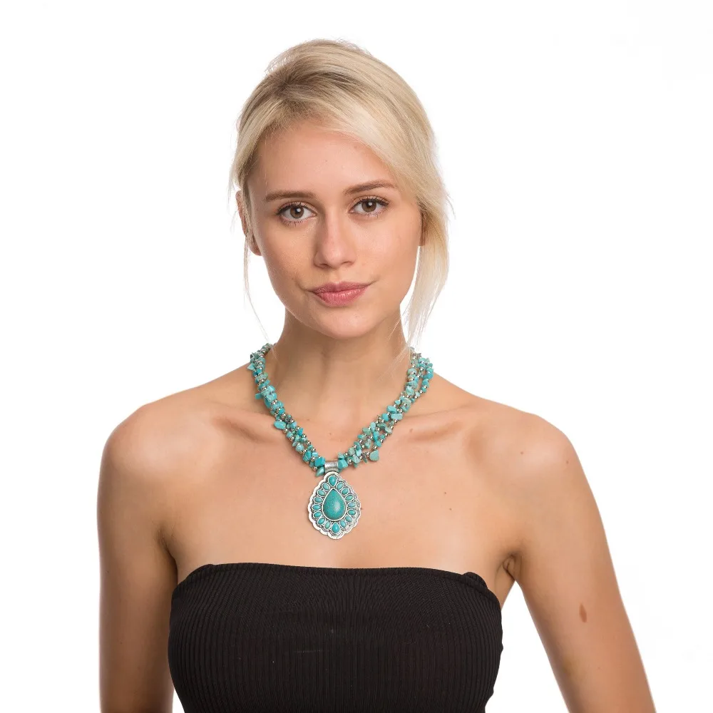 

JIANXI Hot tTurquoise Bead Pendant Necklace Fashion Bohemian Multilayer Collar Statement Necklace Jewelry