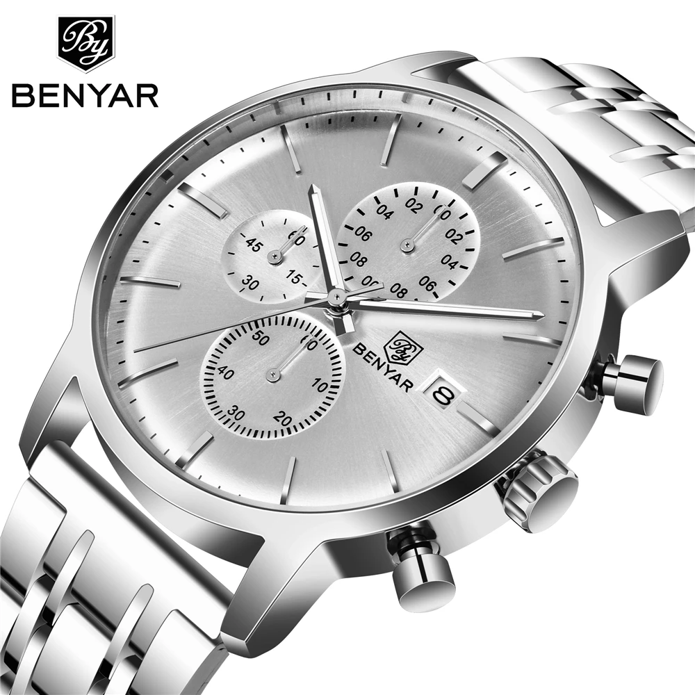 

BENYAR 2019 New Men Watch Business stainless steel Quartz Top Brand Luxury Casual Waterproof leather Sports Relogio Masculino