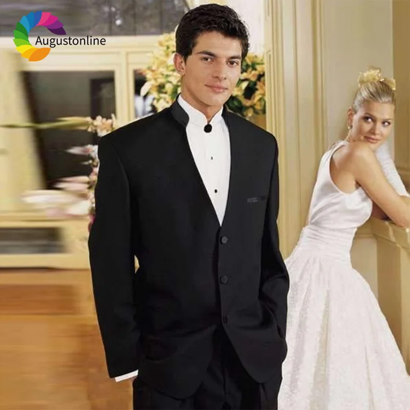 

Black Men Suits For Wedding Stand Collar Blazer Evening Party Slim Fit Casual Tailored Tuxedo Best Man 2 Pieces Terno Masculino