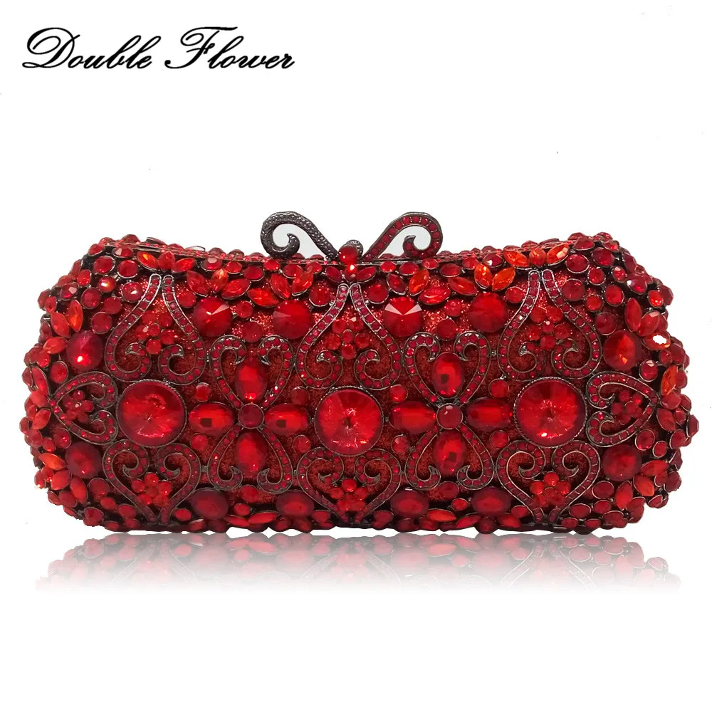 Dubbele Bloem Hollow Out Ruby Red Crystal Vrouwen Clutch Bag Metal Hard Case Wedding Party Cocktail Minaudiere Handtassen en Portemonnees Dubbele Bloem Hollow Out Ruby Red Crystal Vrouwen Clutch Bag Metal Hard Case Wedding Party Cocktail Minaudiere Handtassen en Portemonnees