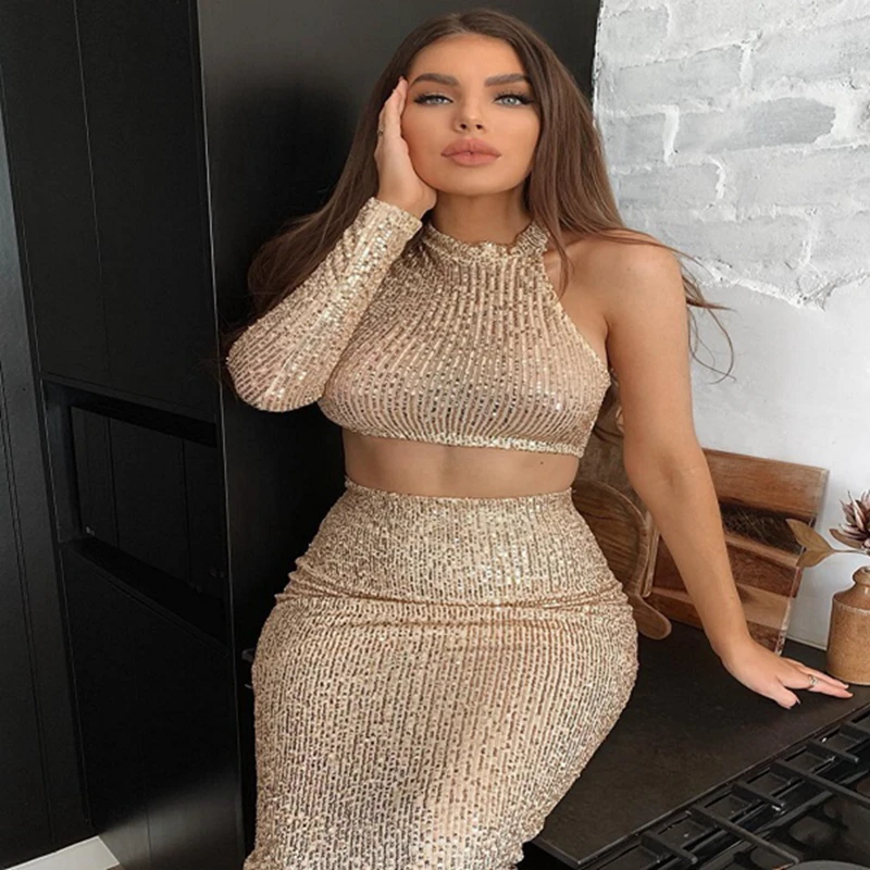 

New Arrivals Summer Suit 2019 Two 2 Piece Set Sequins Dress Gold Sexy Hollow Out Halter Celebrity Party Vestidos Club Wear Festa