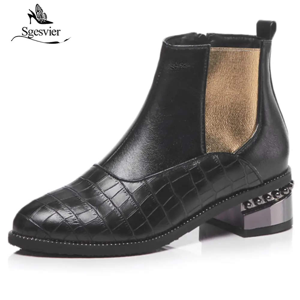 

Sgesvier Luxury style women's short boots patchwork black Chelsea chunk heeled beads embellished ankle booties winter OX984