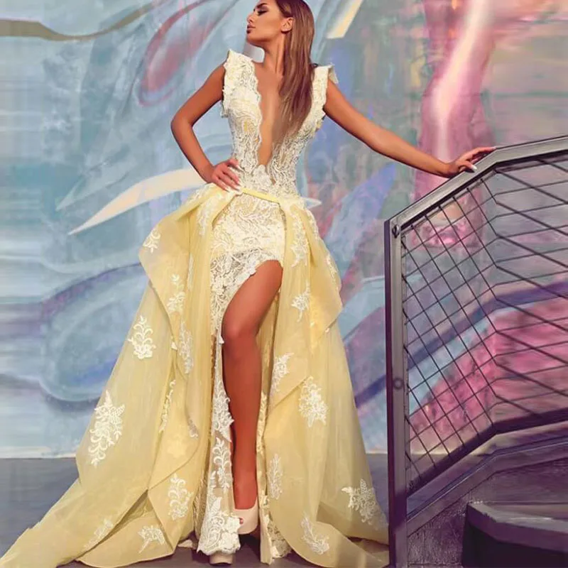 

Sexy Mermaid evening dresses Detachable Train 2019 Deep V Neck High Split Vestido de festa Bright Yellow Appliqued Party Dress