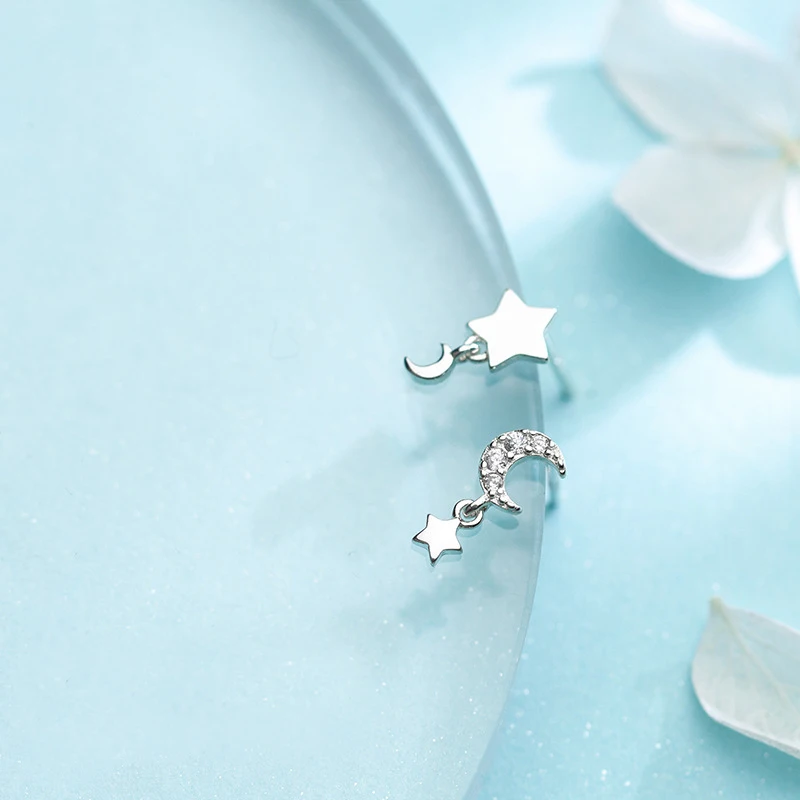 

MloveAcc 100% 925 Sterling Silver Wonderful Night Moon & Stars Stud Earrings for Women S925 Jewelry Gift Brincos