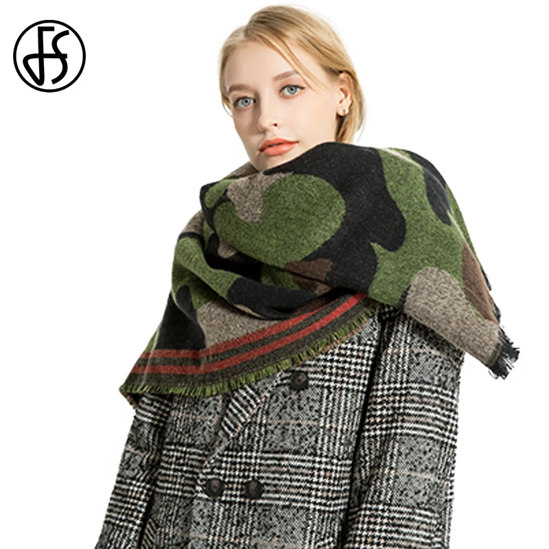 

FS Scarf Winter Scarves Cashmere Women Warm ArmyGreen Camouflage Jacquard Thick 2018 High Quality Echarpe Hiver Femme Pashmina