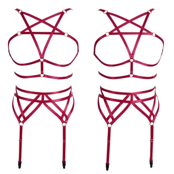 

Women Pentagram Bra Leg Garter Strappy Harness Stockings Suspender Belts Plus Size Punk Goth Top Cage Lingerie Set Party Club
