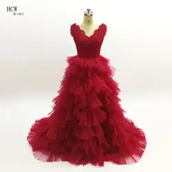 Бордовый длинное вечернее платье 2019; Модный дизайн; женская блуза с послойным расположением ткани, оборочками и v-образным вырезом шелковое