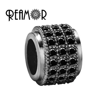

REAMOR Luxury Micro Inlay CZ Round Spacer Bead Black Gold Silver Color European Charms bead for DIY Jewelry Bracelet Accessories