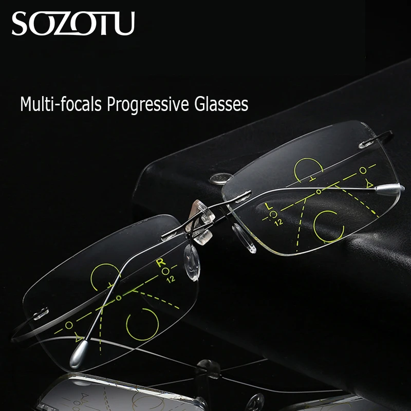 SOZOTU Rimless Multi focal Progressive Reading Glasses Men Women