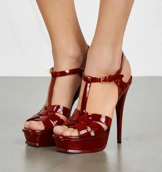 

Candy Color Patent Leather Platform Sandals T-bar Ankle Buckle Strap Thin High Heels Women Sandals Plus Size Banquet Dress Shoes