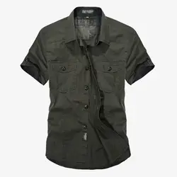 Рубашка в стиле милитари для мужчин хлопок рабочие повседневные короткий рукав свободные армейские карманы воздухопроницаемое платье