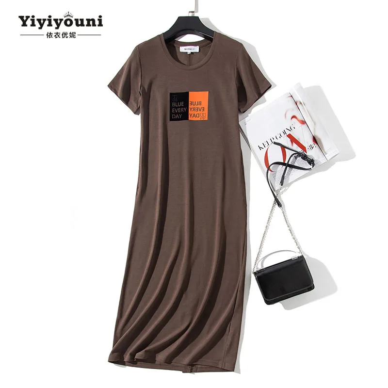 

Summer Midi Print T Shirt Dresses Women Plus Size O-neck Pocket Split Dress Beach Casual Mid-calf Loose Navy Long Dresses 2019