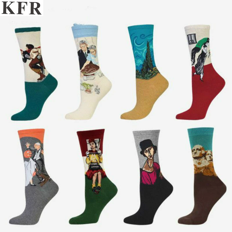 2018 Retro Art Cotton Women Men Crew Socks Famous Painting Series Pattern Novelty Casual Colorful Harajuku Design Sox Funny