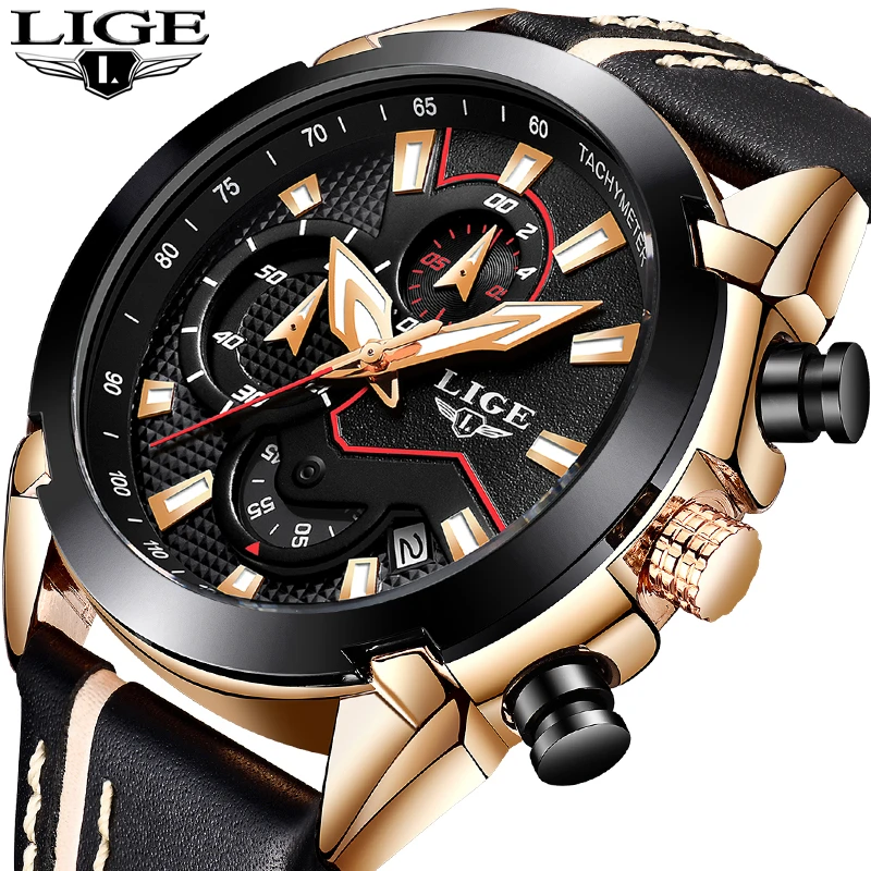 

Luxury Brand LIGE Watches Men's Fashion Sport Military Quartz Watches Men's Leather Business Men's Waterproof Relogio Masculino