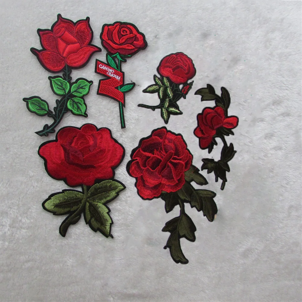 hot red flower Patches For Clothing Iron On Embroidered Appliques DIY