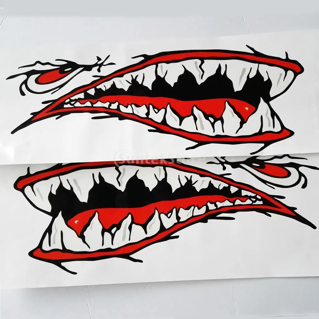 4x виниловые водонепроницаемые самоклеющиеся зубы акулы рот смешные наклейки для каяк каноэ, Рыбалка лодка Dinghy Jet лыжный автомобиль