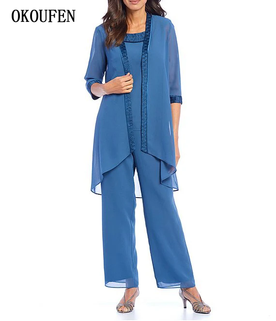 

Three Pieces Mother of the Bride Dresses Set 2019 Chiffon Jacket Pant Suits Blue Simple Women kurti vestido de madrinha farsali
