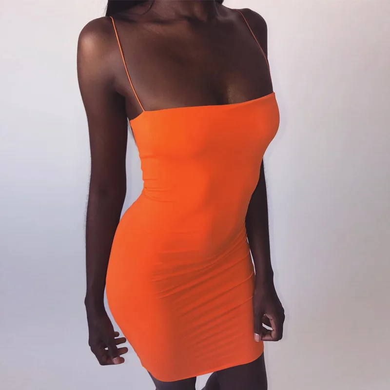 

Pink Green Orange Neon Summer Dress 2019 One Shoulder Spaghetti Strap Mini Bodycon Dress Sexy Club Dresses