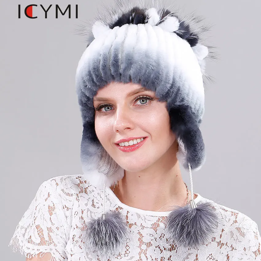 

Winter Warm Genuine Rex Rabbit Fur Knitted Hats with Silver Fox Fur Flower 2017 Real Fur Women Beanies Hat with Ear Flaps