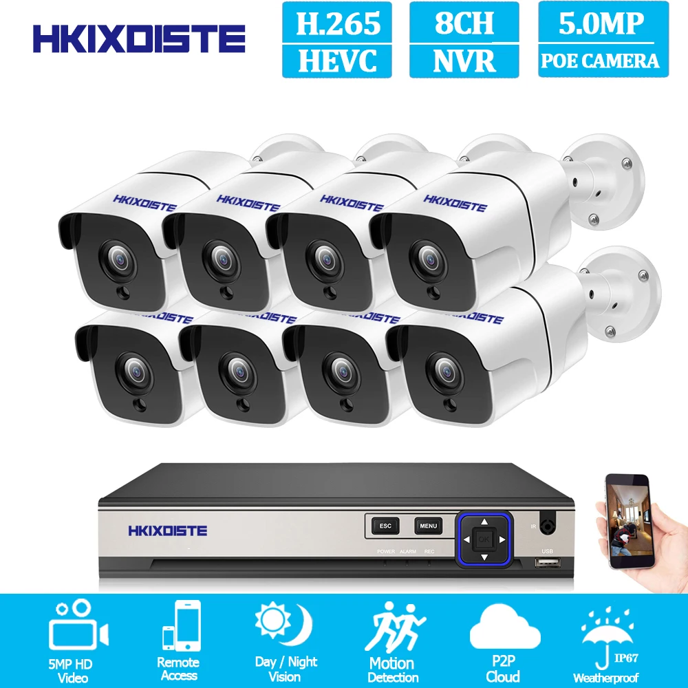 

H.265 8CH 5.0MP POE NVR CCTV Security System 8PCS 5MP Record POE IP Bullet Camera IR Night vision Outdoor Video Surveillance Kit