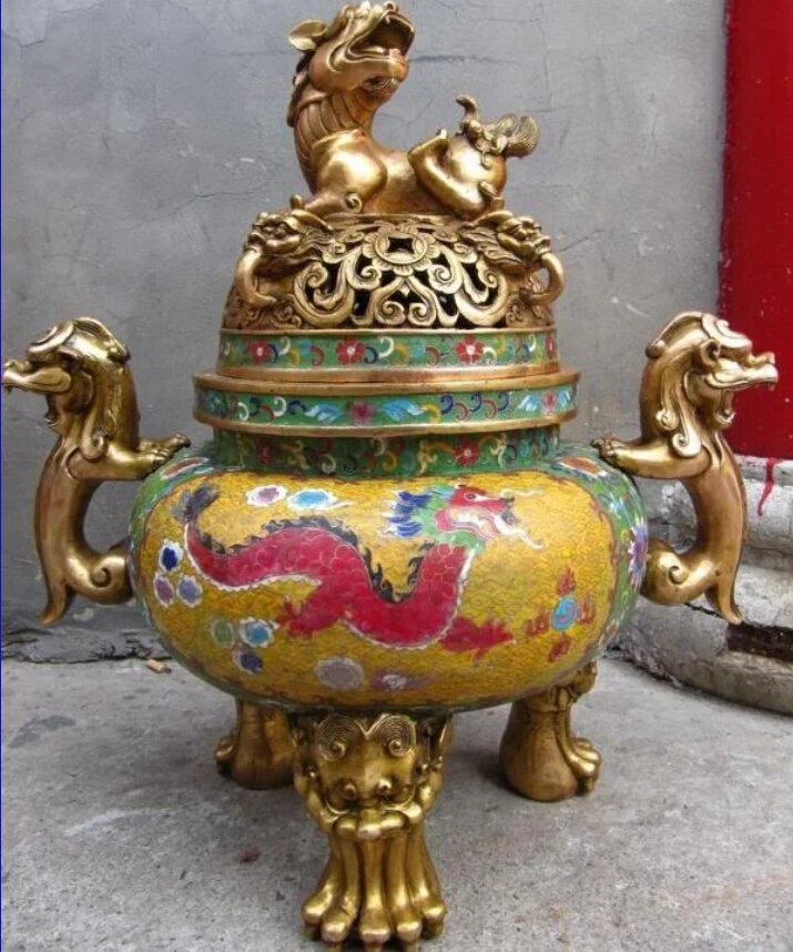 

USPS to USA S3049 Regius 100% Bronze Gild cloisonne Dragon Foo Dog lion Censer incense burner