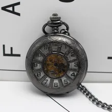 Reloj de bolsillo mecánico negro Vintage hombres hueco harina blanca steampunk regalo colgante relojes de bolsillo