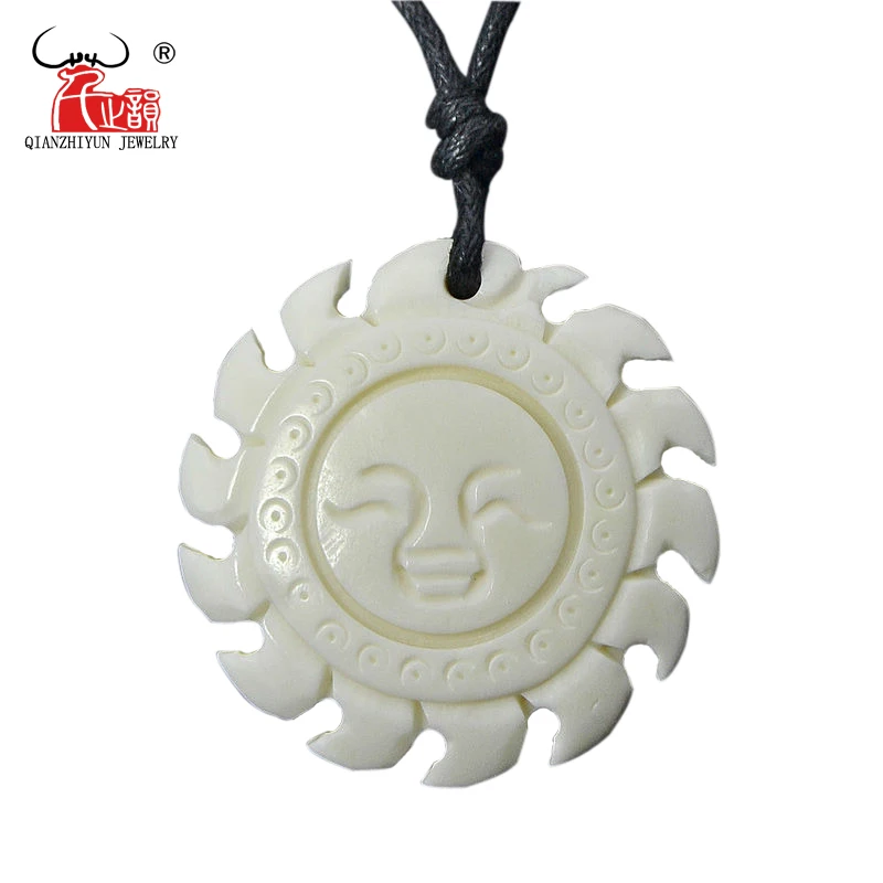 

1PC New Zealand Maori Handmade Carved Ox Bone Ivory white SUN TOTEM Pendant Necklace WoMen's Men's Hawaii Surfer Choker