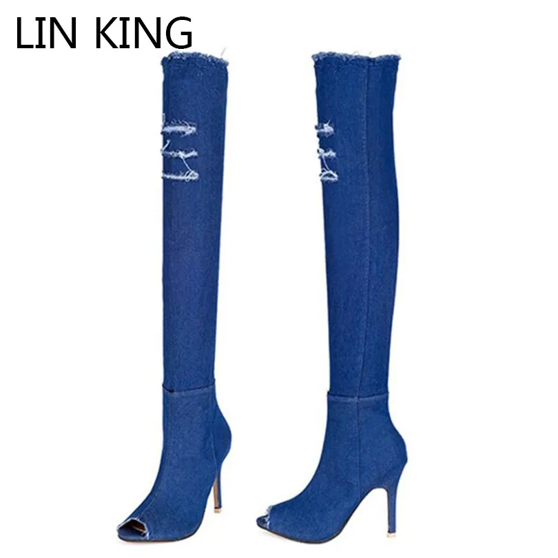 

LIN KING High Heel Women Western Boots Denim Over The Knee Long Knight Boots Thin Heel Open Toe Elastic Boats Zapatos Mujer