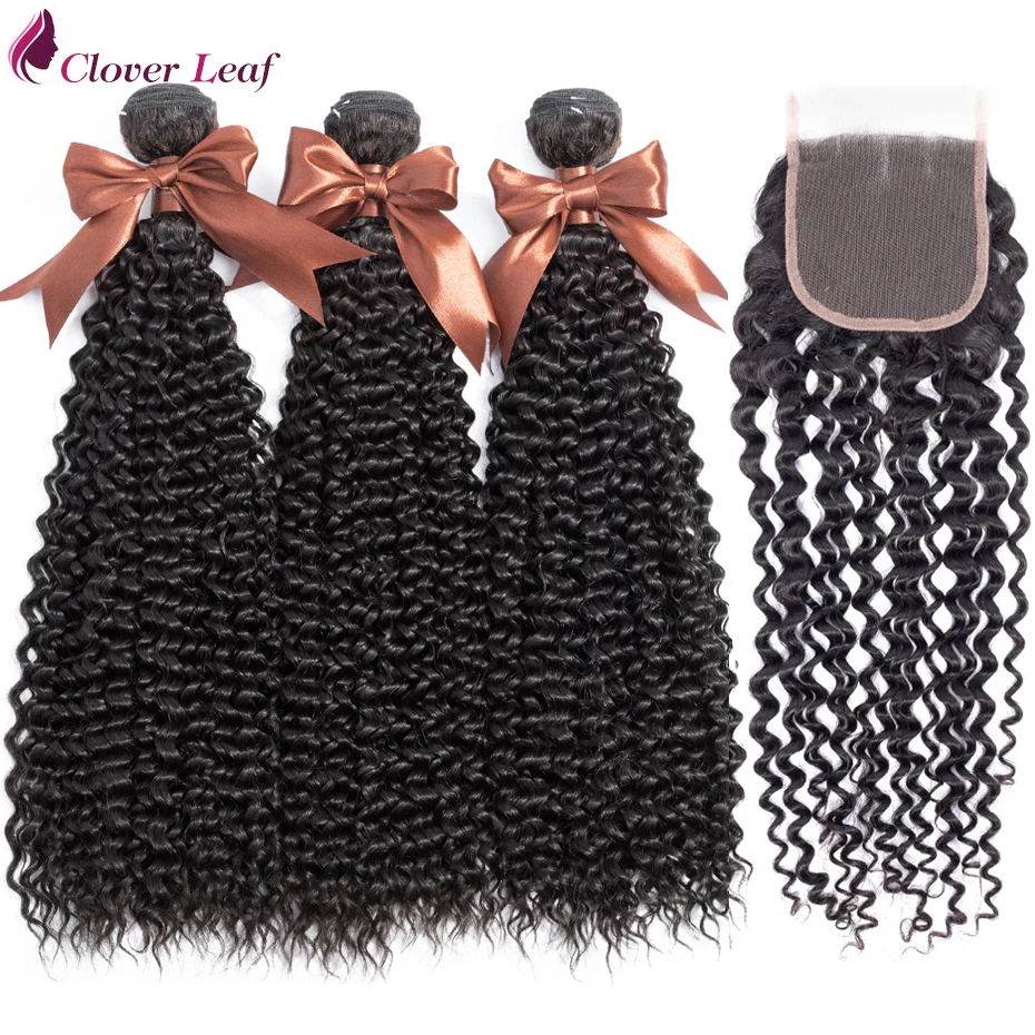 

Clover Leaf Human Hair Bundle With Closure Peruvian Remy Hair Weaving 3 Bundles With 4*4 Lace Closure Kinky Curly Hair Extension