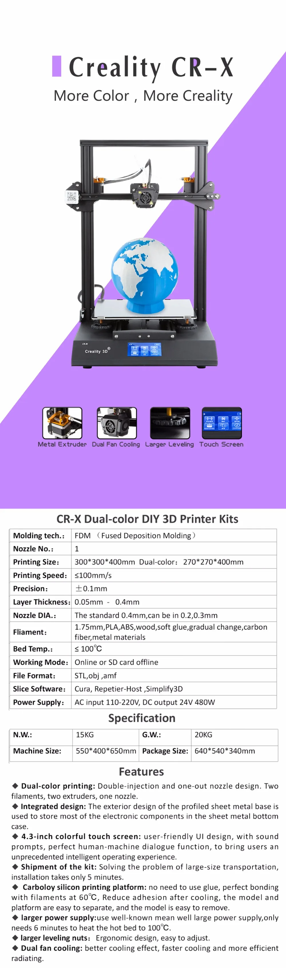 CREALITY 3D CR-X Dual Hotend Kit 4,3 дюймовый сенсорный экран 3d принтер с 2 кг нить PLA