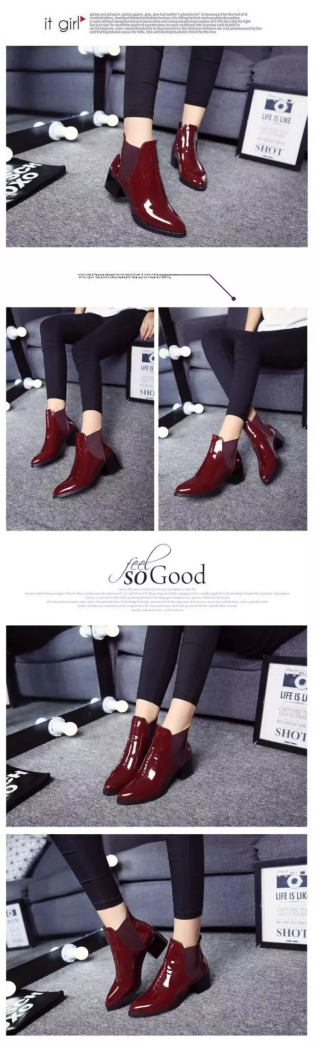 New Arrival Fashion Shoes Women Boots Elasticated Patent Leather Ankle Boots Pointed Low Heel Boots Female Sexy Shoes