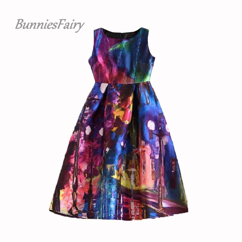 BunniesFairy Весна новое женское винтажное Ретро Фэнтези абстрактный стиль граффити Цветочный Принт Высокая талия миди платье