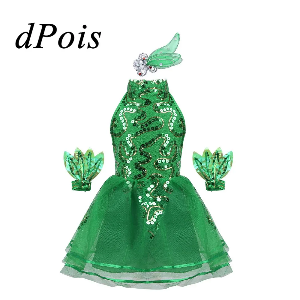 

Kids Toddler Green Jazz Costumes Child Girls Gym Ballet Dance Tutu Skirt Mock Neck Sequins Mesh Dress & Headwear Wristband Suit